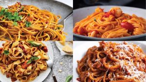 Close-up of Asian fusion pasta dish combining noodles with Asian flavors.