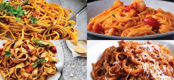 Close-up of Asian fusion pasta dish combining noodles with Asian flavors.