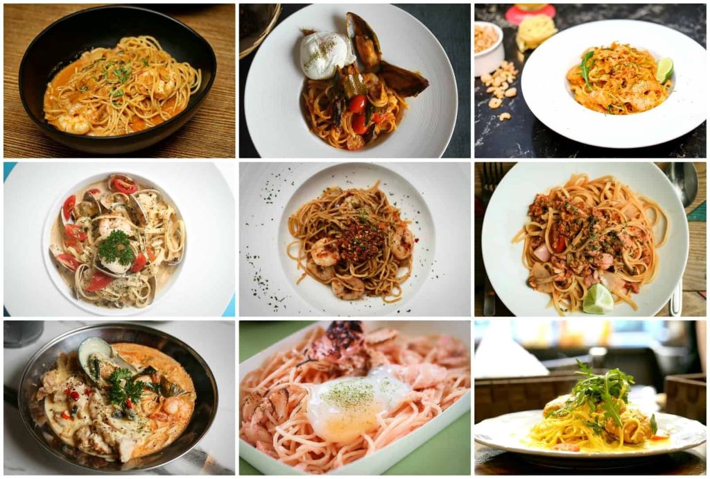 Colorful plate of fusion pasta featuring ingredients like soy sauce and ginger.