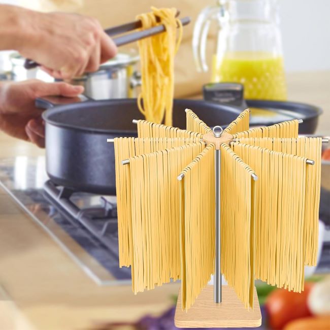 Compact STWWO pasta drying stand holding fresh spaghetti and fettuccine