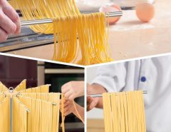Space-saving STWWO stainless steel rack used to dry homemade pasta strands