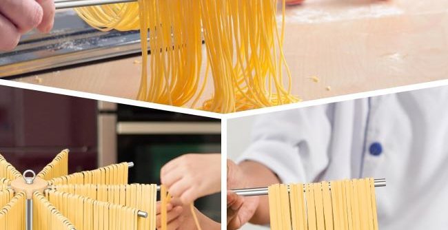 Space-saving STWWO stainless steel rack used to dry homemade pasta strands