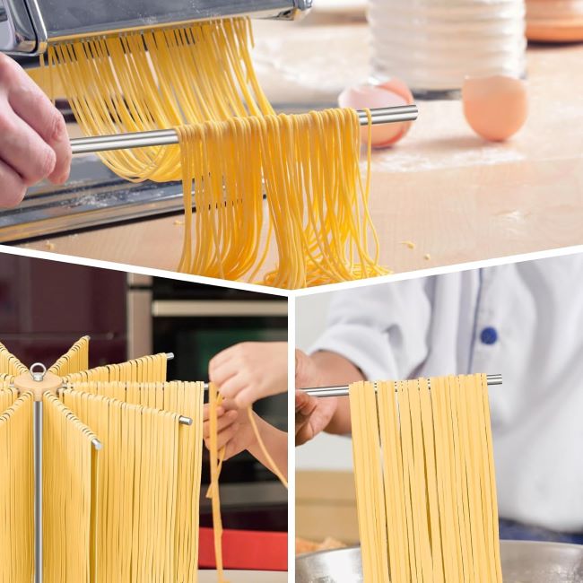 Space-saving STWWO stainless steel rack used to dry homemade pasta strands
