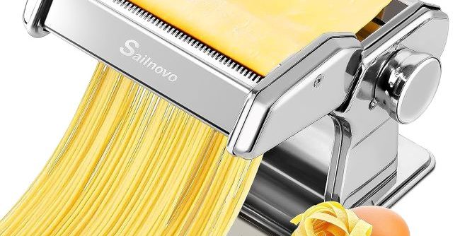 Sailnovo 2-in-1 Pasta Maker with rollers and cutter for homemade spaghetti, fettuccini, lasagna, and dumpling skins.
