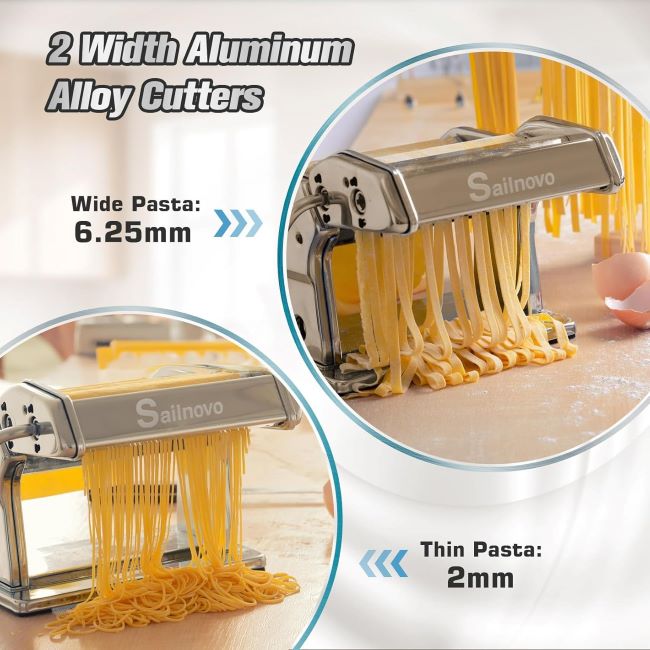 Close-up of Sailnovo 180 Roller Pasta Maker with 9 thickness settings and dual noodle functions.