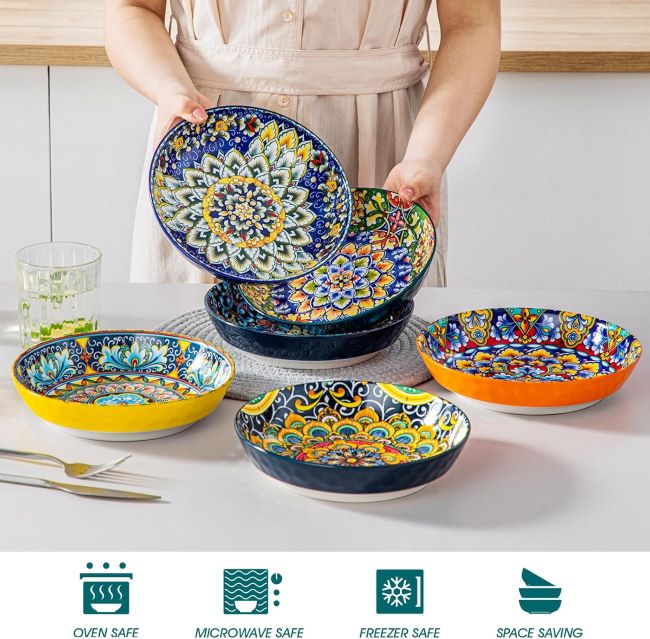 Large ceramic pasta and soup bowls, dishwasher and microwave safe, Vancasso set.