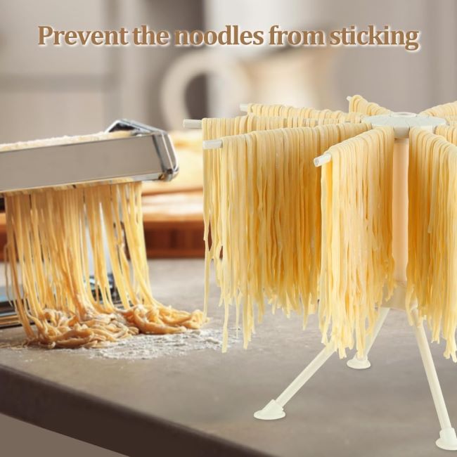 White Ourokhome 10-arm foldable pasta drying rack for homemade spaghetti, easy to set up and store in the kitchen.