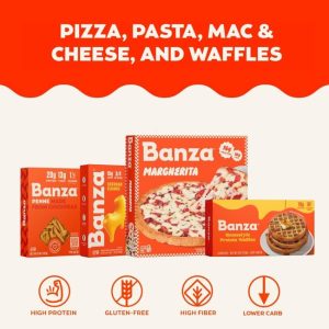 Close-up of Banza chickpea rotini, a lower-carb, high-protein pasta