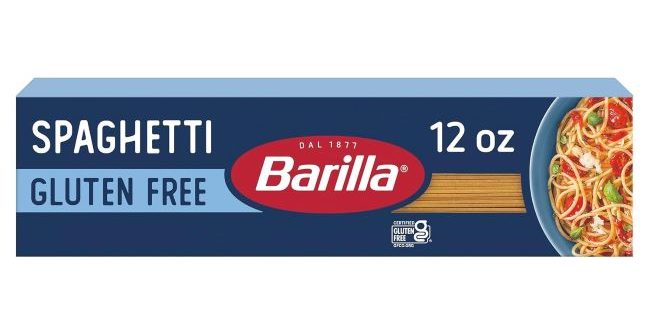 Barilla Gluten Free Spaghetti 12 oz pasta package made from corn and rice