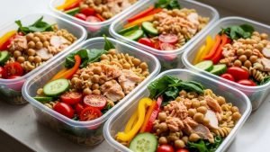 Meal prep containers filled with chickpea pasta salad featuring mixed vegetables and lean protein for post-workout recovery