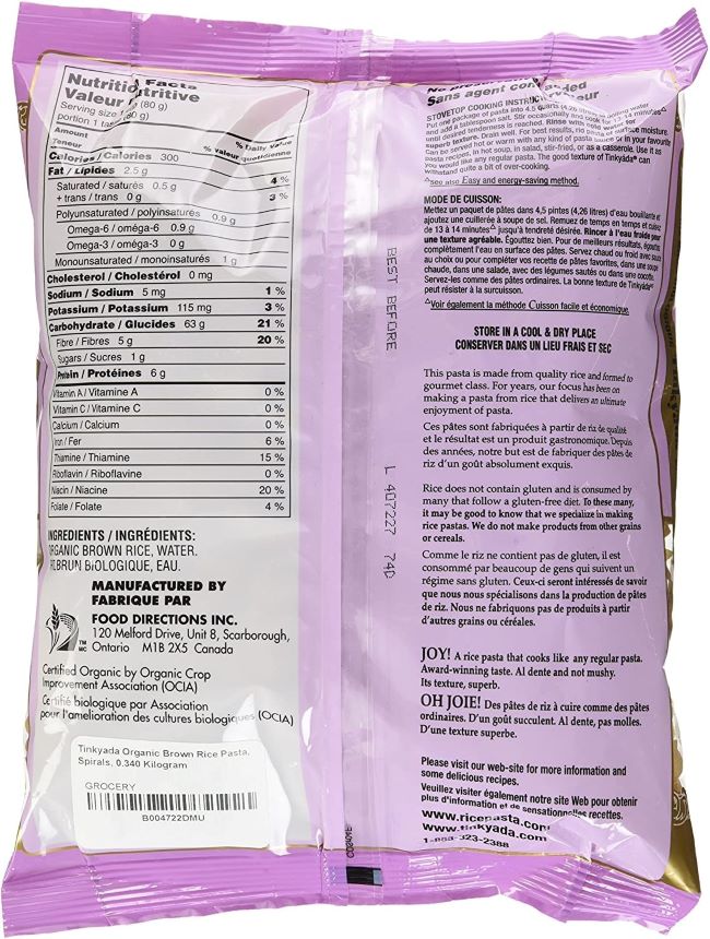 Tinkyada Organic Gluten Free Brown Rice Pasta Spirals packaging