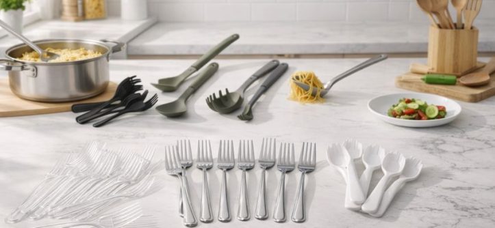 Collection of affordable pasta forks and spaghetti servers for cooking and serving, featuring stainless steel, silicone, and wooden designs.