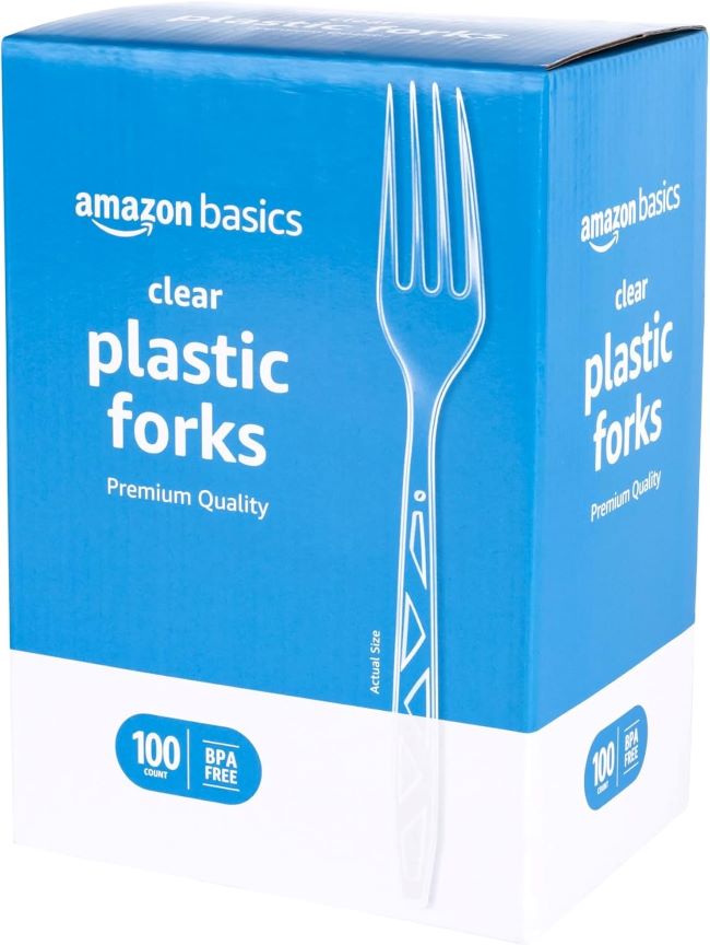 Amazon Basics Disposable Clear Plastic Forks – 100-count premium quality large pack for parties, catering, and events.