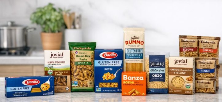 Assorted gluten-free pasta brands 2026: rice, chickpea, and corn pasta varieties for healthy cooking and meal prep.