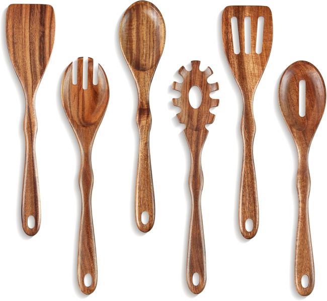 KARRYOUNG Acacia Wooden Spoon Set – 6-piece wooden kitchen utensils including spatula, slotted spoon, and pasta fork for cooking.