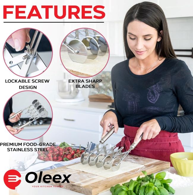Oleex all-dough pastry cutter set with 5-wheel dough cutter and dual fluted ravioli wheel