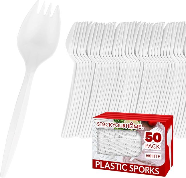 Stock Your Home Disposable White Plastic Sporks – 50-count BPA-free heavy-duty fork and spoon combo for kids, school lunches, and parties.
