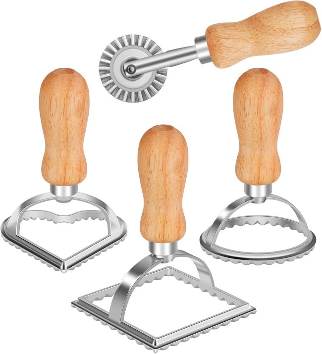 TACGEA ravioli stamp maker set with wooden handle and fluted edge cutter wheels