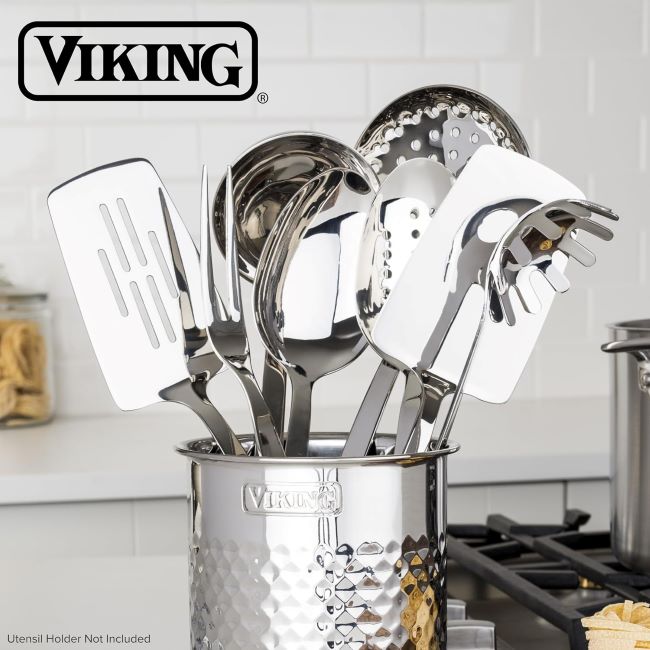 Viking Kitchen 8-Piece Stainless Steel Cooking Utensil Set – Includes spatulas, spoons, pasta fork, ladle, meat fork, and skimmer.