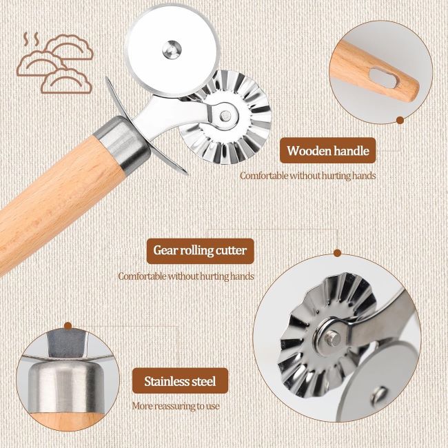 XINBADA double pastry cutter wheel with wooden handle for pasta and pizza