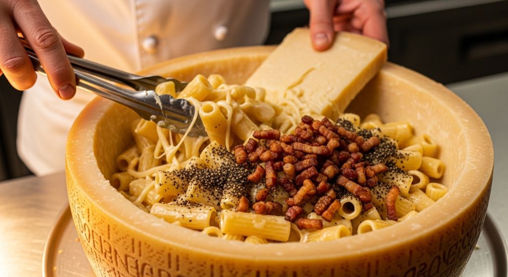 Close-up of creamy cheese wheel pasta being served with golden guanciale and cracked black pepper