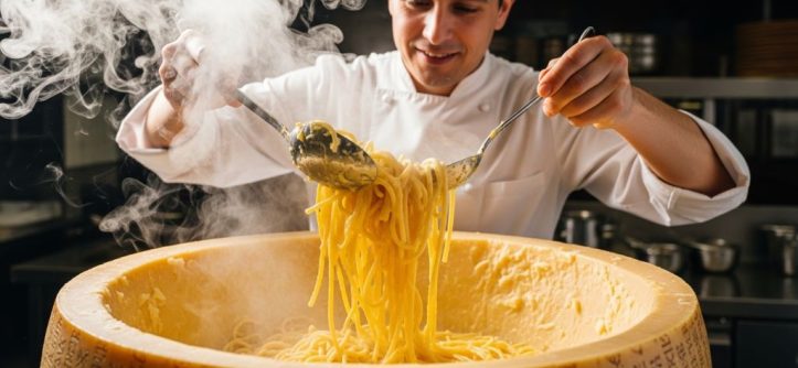 Chef tossing hot spaghetti inside a hollowed Parmigiano-Reggiano cheese wheel with steam rising