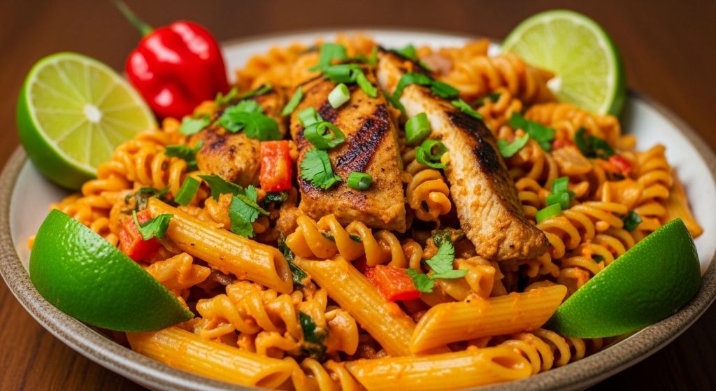 Homemade Caribbean jerk rasta pasta garnished with fresh herbs and lime wedges