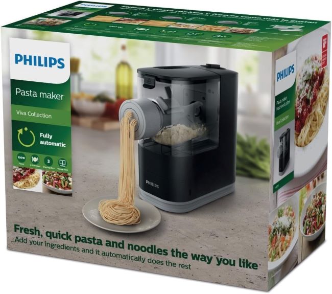 Philips Viva Collection compact pasta maker in black with 3 classic shaping discs and fully automatic design, HR2371/05.