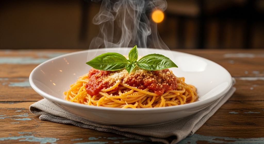 A bowl of restaurant-style spaghetti topped with tomato sauce, fresh basil, and grated Parmesan cheese on a rustic table