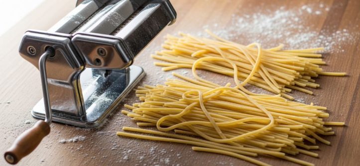 Freshly cut homemade spaghetti strands resting on a floured wooden surface next to a manual pasta maker