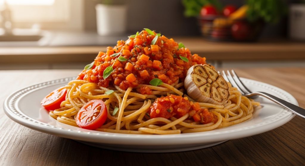 Healthy oil-free pasta sauce made with carrots, tomatoes, and garlic served over whole grain pasta