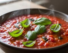 A bowl of homemade low calorie tomato pasta sauce simmering in a pan with fresh basil on top