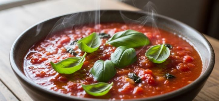 A bowl of homemade low calorie tomato pasta sauce simmering in a pan with fresh basil on top