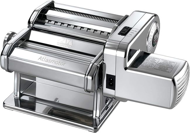 MARCATO Atlasmotor electric pasta machine in chrome steel with Atlas 150 set, hand crank, clamp, and motor attachment