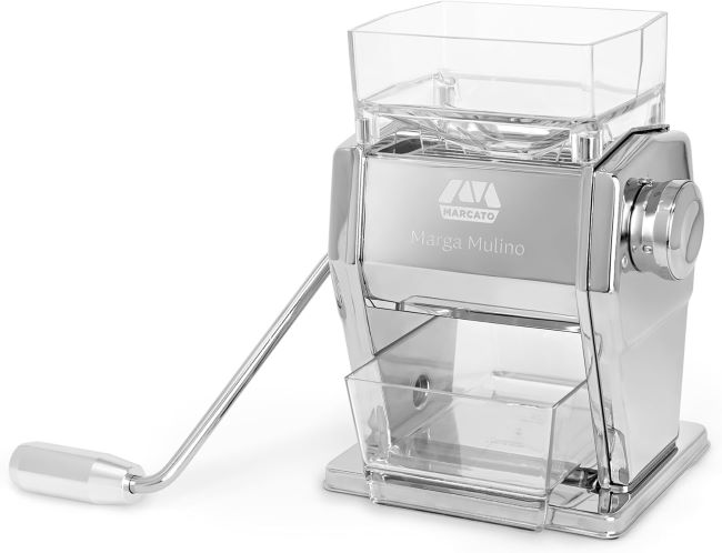 Marcato Marga Mulino grain mill and flaker in chrome steel for grinding wheat grains into fresh flour and flakes
