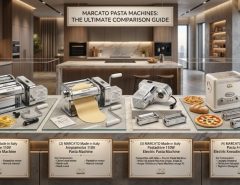 Marcato pasta machine in Florida (FL) rolling fresh dough into homemade noodles with chrome Italian design