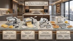 Marcato pasta machine in Florida (FL) rolling fresh dough into homemade noodles with chrome Italian design