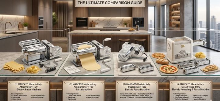 Marcato pasta machine in Florida (FL) rolling fresh dough into homemade noodles with chrome Italian design