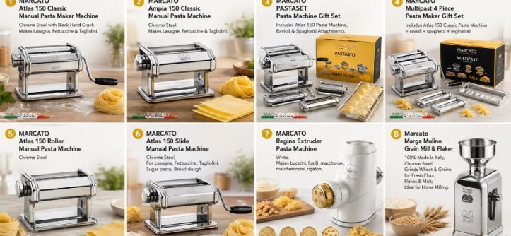 Manual pasta machine in Washington (WA) rolling fresh dough into homemade noodles with chrome steel hand crank design