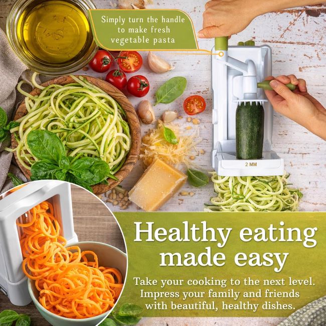 Brieftons 5-blade vegetable spiralizer with Japanese steel blades for creating zucchini noodles and healthy veggie pasta