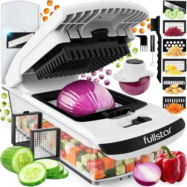 Fullstar all-in-one vegetable chopper and mandoline slicer with container for chopping, slicing, and julienning vegetables
