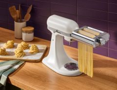 KitchenAid mixer with pasta attachment making fresh homemade pasta dough