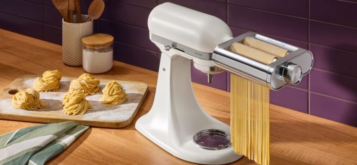 KitchenAid mixer with pasta attachment making fresh homemade pasta dough