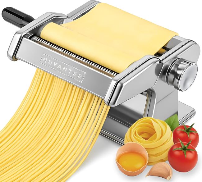 Nuvantee pasta maker with adjustable thickness settings and multiple cutters for fresh homemade pasta and noodles