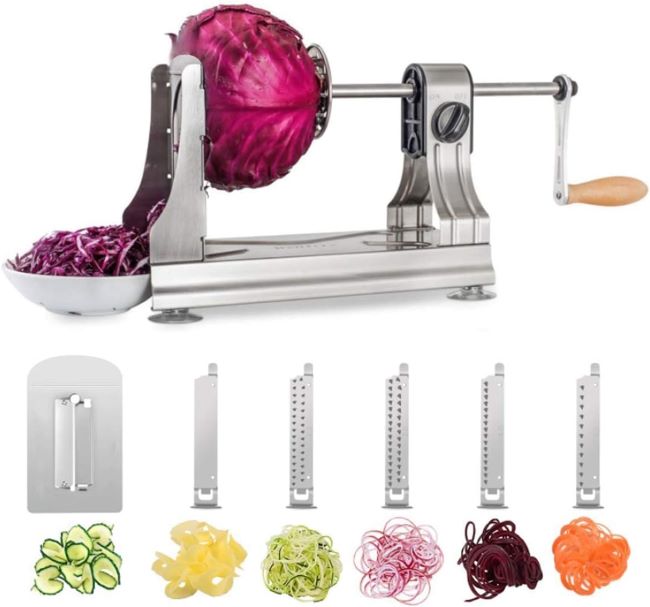 WellToBe 6-blade vegetable spiralizer with stainless steel construction for making zucchini pasta and low-carb veggie noodles