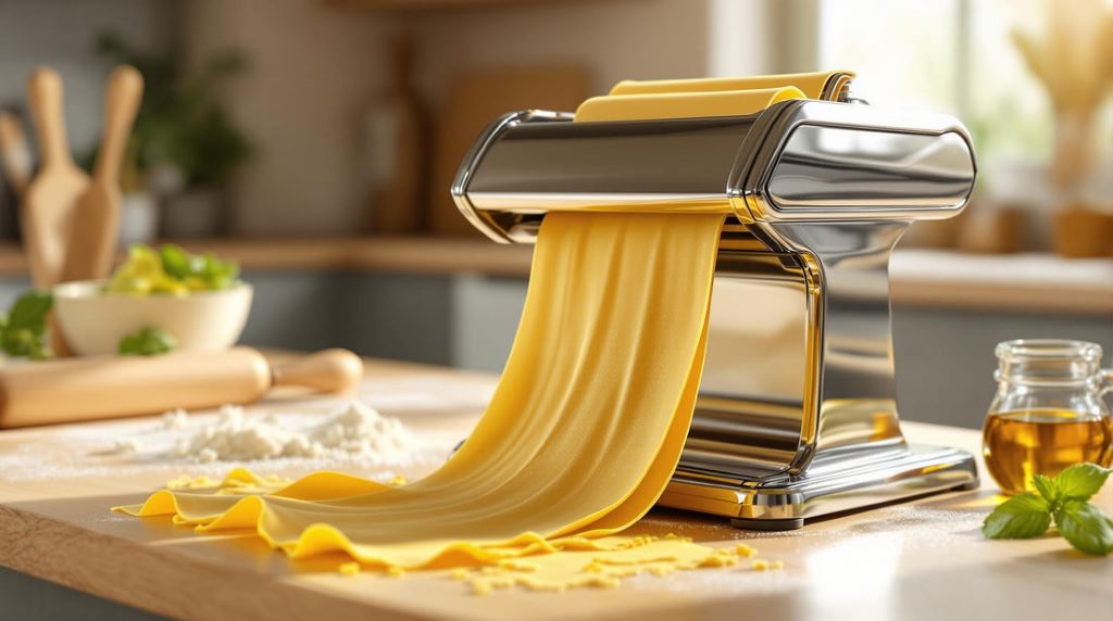 Chef using a manual pasta machine to roll fresh pasta dough in a kitchen