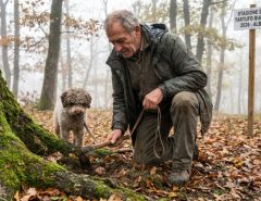 A local trifolau and his trained dog searching for white truffles in the misty autumn forest of the Langhe hills near Alba, Piedmont, Italy during the 2026 truffle season