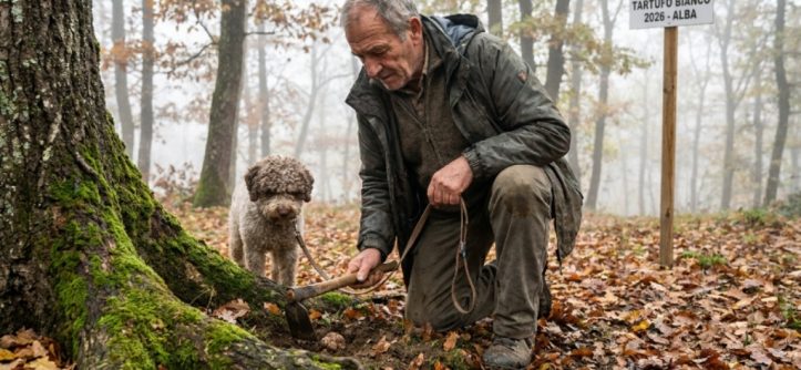 A local trifolau and his trained dog searching for white truffles in the misty autumn forest of the Langhe hills near Alba, Piedmont, Italy during the 2026 truffle season
