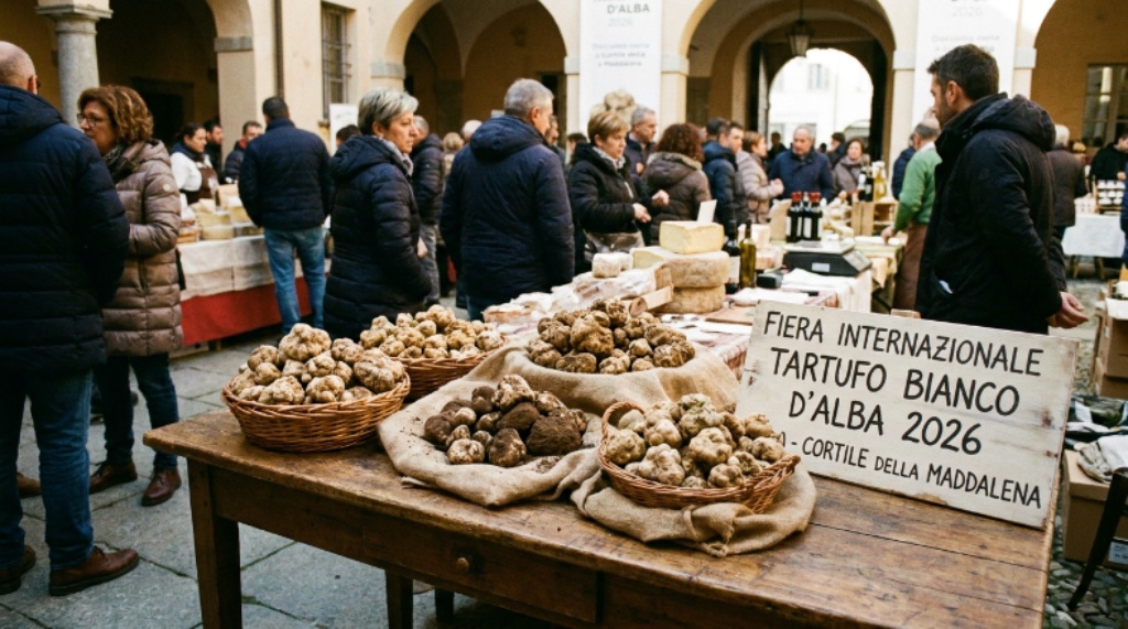 Freshly harvested white truffles displayed on a wooden table at the Alba White Truffle Fair 2026 inside the Cortile della Maddalena, with visitors browsing the market stalls in the background