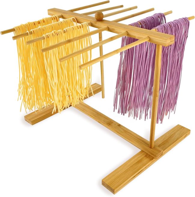 Mozphae bamboo pasta drying rack with 12 arms and transfer wand, featuring a large collapsible design for drying homemade pasta and noodles